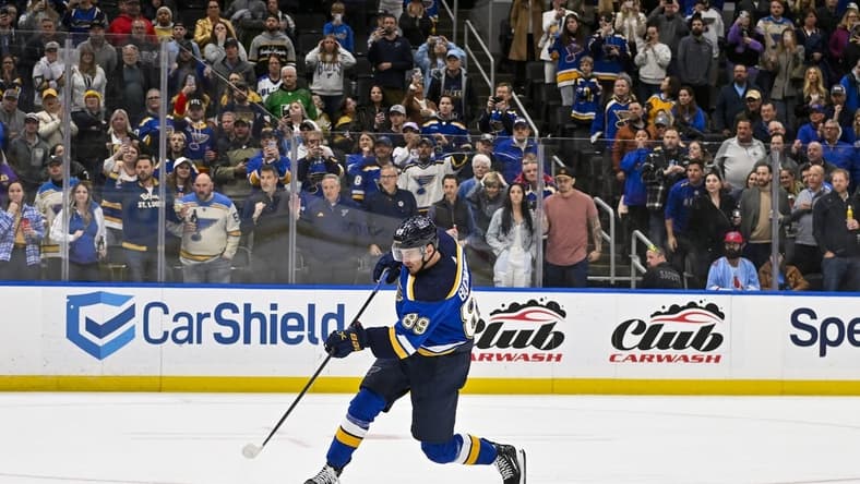 Mar 25, 2024; St. Louis, Missouri, USA;  St. Louis Blues left wing Pavel Buchnevich (89) shoots a penalty shot against Vegas Golden Knights goaltender Logan Thompson (not pictured) in overtime at Enterprise Center. Mandatory Credit: Jeff Curry-USA TODAY Sports