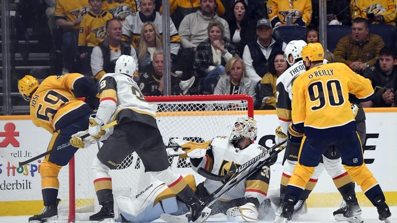 Mar 26, 2024; Nashville, Tennessee, USA; Nashville Predators defenseman Roman Josi (59) scores the game-winning goal against Vegas Golden Knights goaltender Jiri Patera (30) in overtime at Bridgestone Arena. Mandatory Credit: Christopher Hanewinckel-USA TODAY Sports