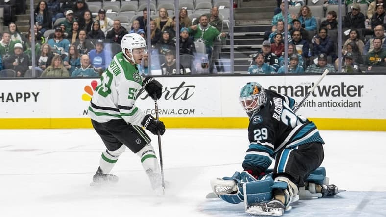 Mar 26, 2024; San Jose, California, USA; Dallas Stars center Wyatt Johnston (53) shoots and scores against San Jose Sharks goaltender Mackenzie Blackwood (29) during the first period at SAP Center at San Jose. Mandatory Credit: Neville E. Guard-USA TODAY Sports