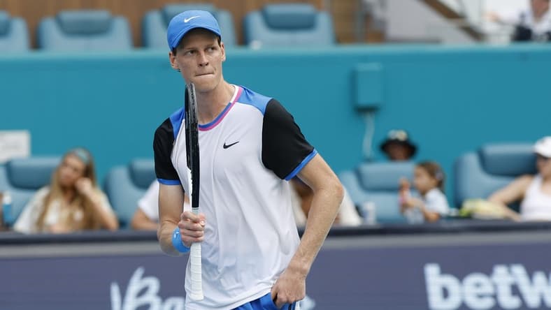Mar 27, 2024; Miami Gardens, FL, USA; Jannik Sinner (ITA) celebrates after match point against Tomas Machac (CZE) (not pictured) on day ten of the Miami Open at Hard Rock Stadium. Mandatory Credit: Geoff Burke-USA TODAY Sports