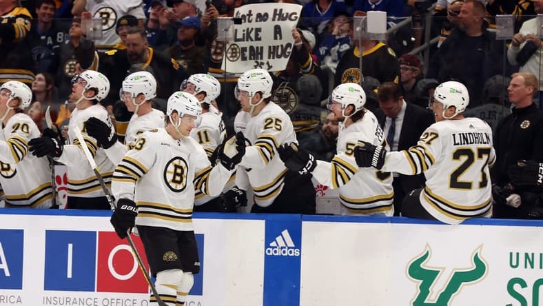 Mar 27, 2024; Tampa, Florida, USA; Boston Bruins left wing Danton Heinen (43) is congratulated after he scored a goal against the Tampa Bay Lightning during the first period at Amalie Arena. Mandatory Credit: Kim Klement Neitzel-USA TODAY Sports