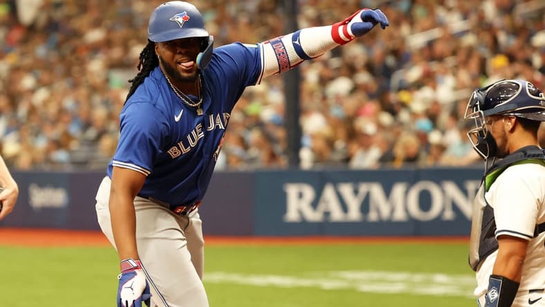 Mar 28, 2024; St. Petersburg, Florida, USA;Toronto Blue Jays first baseman Vladimir Guerrero Jr. (27) celebrates after he this a home run during the sixth inning against the Tampa Bay Rays at Tropicana Field. Mandatory Credit: Kim Klement Neitzel-USA TODAY Sports