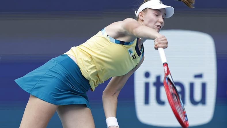 Mar 28, 2024; Miami Gardens, FL, USA; Elena Rybakina
(KAZ) serves against Victoria Azarenka (not pictured) on day eleven of the Miami Open at Hard Rock Stadium. Mandatory Credit: Geoff Burke-USA TODAY Sports