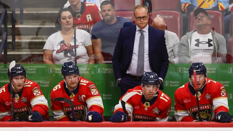 Mar 28, 2024; Sunrise, Florida, USA; Florida Panthers head coach Paul Maurice looks on from the bench against the New York Islanders during the third period at Amerant Bank Arena. Mandatory Credit: Sam Navarro-USA TODAY Sports