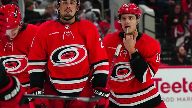 Mar 28, 2024; Raleigh, North Carolina, USA;  Carolina Hurricanes center Sebastian Aho (20) and center Seth Jarvis (24) look on against the Detroit Red Wings during the second period at PNC Arena. Mandatory Credit: James Guillory-USA TODAY Sports