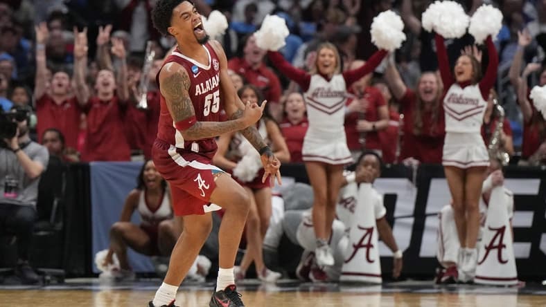 Mar 28, 2024; Los Angeles, CA, USA; Alabama Crimson Tide guard Aaron Estrada (55) reacts in the second half against the North Carolina Tar Heels in the semifinals of the West Regional of the 2024 NCAA Tournament at Crypto.com Arena. Mandatory Credit: Kirby Lee-USA TODAY Sports