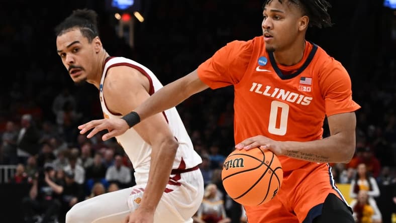 Mar 28, 2024; Boston, MA, USA; Illinois Fighting Illini guard Terrence Shannon Jr. (0) dribbles the ball against the Iowa State Cyclones in the semifinals of the East Regional of the 2024 NCAA Tournament at TD Garden. Mandatory Credit: Brian Fluharty-USA TODAY Sports
