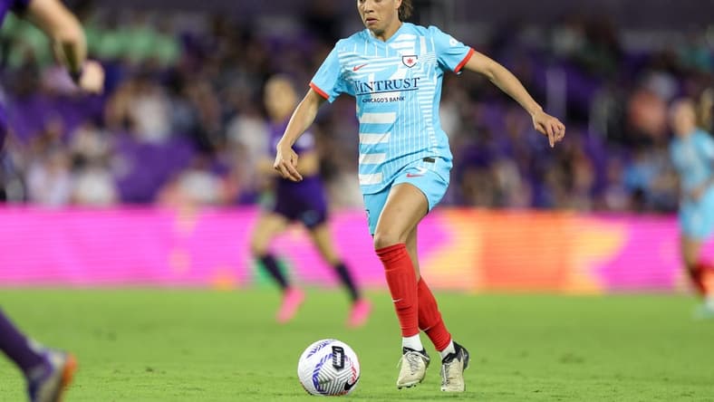 Mar 29, 2024; Orlando, Florida, USA; Chicago Red Stars forward Mallory Swanson (9) dribbles the ball during the second half against the Orlando Pride at Inter&Co Stadium. Mandatory Credit: Nathan Ray Seebeck-USA TODAY Sports