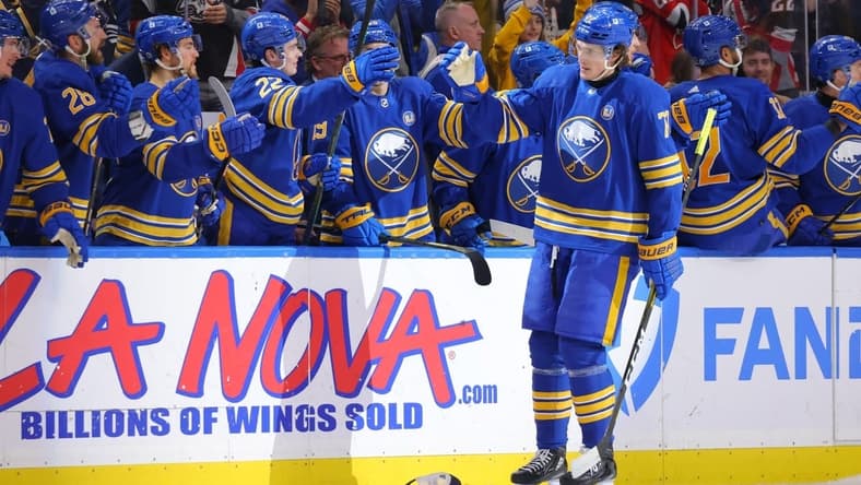 Mar 29, 2024; Buffalo, New York, USA; Buffalo Sabres right wing Tage Thompson (72) celebrates his third goal of the game with teammates during the third period against the New Jersey Devils at KeyBank Center. Mandatory Credit: Timothy T. Ludwig-USA TODAY Sports