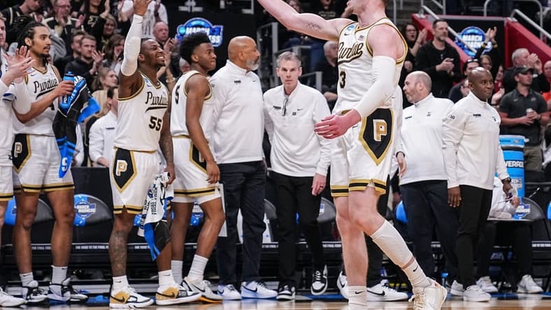 Purdue Boilermakers guard Braden Smith (3) yells in excitement to the fans on Friday, March 29, 2024, during the midwest regional semifinals at the Little Caesars Arena in Detroit. The Purdue Boilermakers defeated the Gonzaga Bulldogs, 80-68.