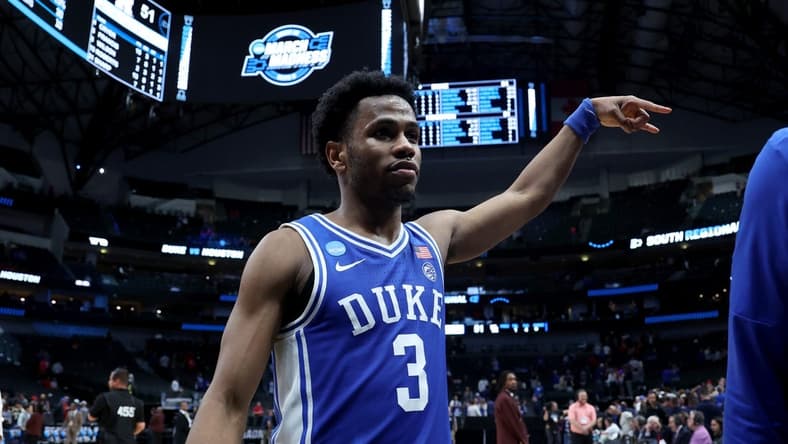 Mar 29, 2024; Dallas, TX, USA; Duke Blue Devils guard Jeremy Roach (3) celebrates after defeating the Houston Cougars in the semifinals of the South Regional of the 2024 NCAA Tournament at American Airlines Center. Mandatory Credit: Kevin Jairaj-USA TODAY Sports