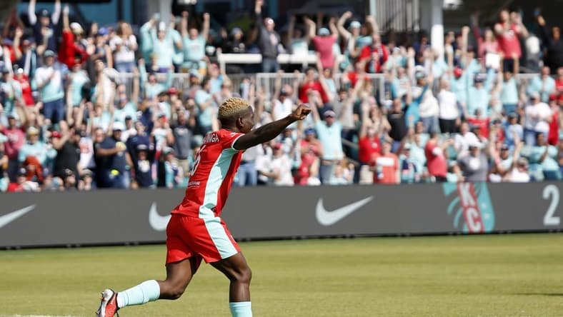 Mar 30, 2024; Kansas City, Missouri, USA; Kansas City Current forward Temwa Chawinga (6) celebrates after scoring a goal against Angel City FC during the second half at CPKC Stadium. Mandatory Credit: Kylie Graham-USA TODAY Sports