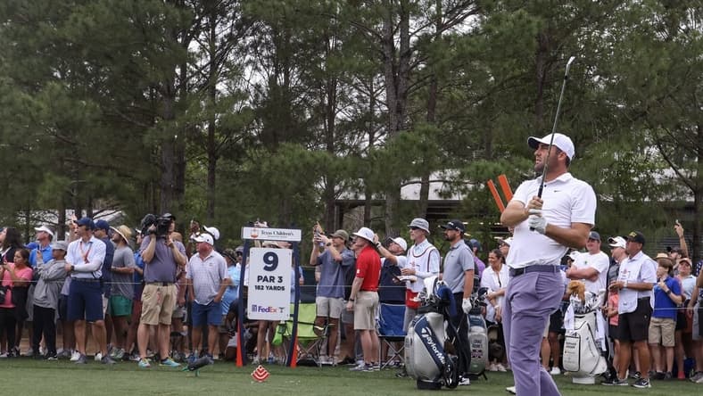 Mar 30, 2024; Houston, Texas, USA; Scottie Scheffler (USA) drives off the ninth tee during the third round of the Texas Children's Houston Open golf tournament. Mandatory Credit: Thomas Shea-USA TODAY Sports