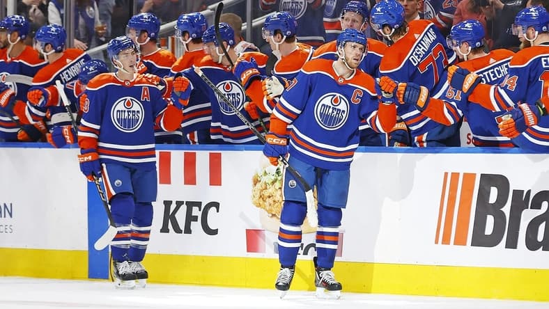 Mar 30, 2024; Edmonton, Alberta, CAN; The Edmonton Oilers celebrate a goal scored by forward Connor McDavid (97) during the second period against the Anaheim Ducks at Rogers Place. Mandatory Credit: Perry Nelson-USA TODAY Sports