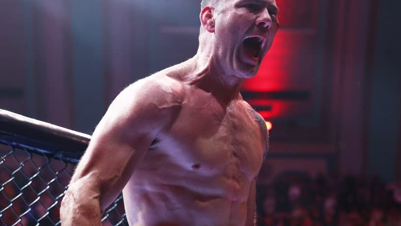 Mar 30, 2024; Atlantic City, New Jersey, USA; Chris Weidman (red gloves) celebrates after defeating Bruno Silva (not pictured) during UFC Fight Night at Boardwalk Hall. Mandatory Credit: Ed Mulholland-USA TODAY Sports