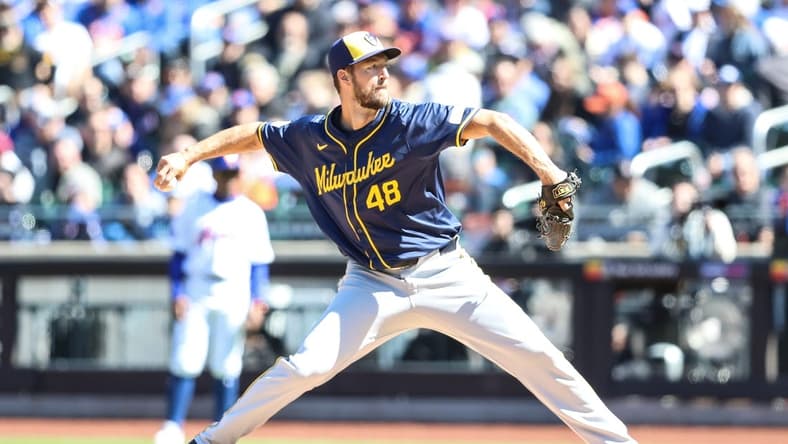Mar 31, 2024; New York City, New York, USA; Milwaukee Brewers starting pitcher Colin Rea (48) pitches in the first inning against the New York Mets at Citi Field. Mandatory Credit: Wendell Cruz-USA TODAY Sports