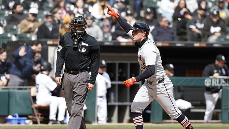 Mar 31, 2024; Chicago, Illinois, USA; Detroit Tigers right fielder Kerry Carpenter (30) crosses home plate after hitting a solo home run against the Chicago White Sox during the fourth inning at Guaranteed Rate Field. Mandatory Credit: Kamil Krzaczynski-USA TODAY Sports