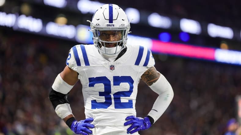 Nov 12, 2023; Frankfurt, Germany; Indianapolis Colts safety Julian Blackmon (32) reacts after a play against the New England Patriots in the fourth quarter during an International Series game at Deutsche Bank Park. Mandatory Credit: Nathan Ray Seebeck-USA TODAY Sports