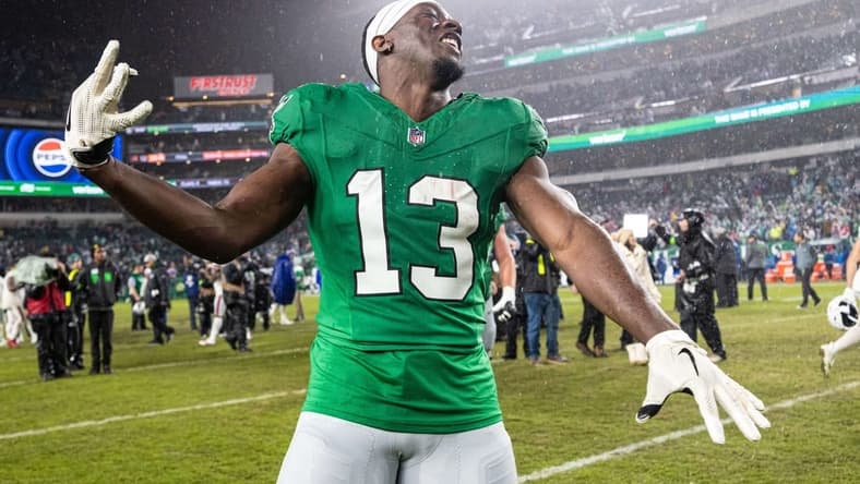 Nov 26, 2023; Philadelphia, Pennsylvania, USA; Philadelphia Eagles wide receiver Olamide Zaccheaus (13) reacts after a victory against the Buffalo Bills at Lincoln Financial Field. Mandatory Credit: Bill Streicher-USA TODAY Sports