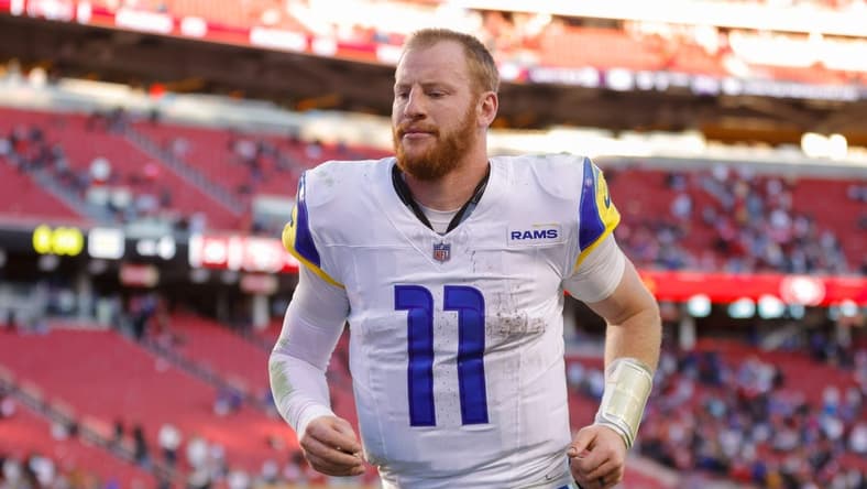 Jan 7, 2024; Santa Clara, California, USA; Los Angeles Rams quarterback Carson Wentz (11) after the game against the San Francisco 49ers at Levi's Stadium. Mandatory Credit: Sergio Estrada-USA TODAY Sports