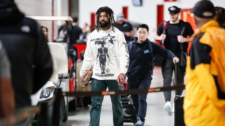 Jan 28, 2024; Santa Clara, California, USA; Detroit Lions cornerback Cameron Sutton arrives for the NFC championship game against the San Francisco 49ers at Levi's Stadium. Mandatory Credit: Junfu Han-USA TODAY Sports