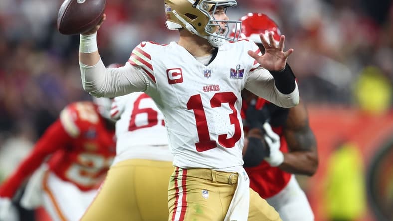 Feb 11, 2024; Paradise, Nevada, USA; San Francisco 49ers quarterback Brock Purdy (13) throws a pass against the Kansas City Chiefs in the second half in Super Bowl LVIII at Allegiant Stadium. Mandatory Credit: Mark J. Rebilas-USA TODAY Sports