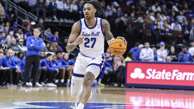Mar 9, 2024; Newark, New Jersey, USA; Seton Hall Pirates guard Dre Davis (27) brings the ball up court in the second half against the DePaul Blue Demons at Prudential Center. Mandatory Credit: Wendell Cruz-USA TODAY Sports