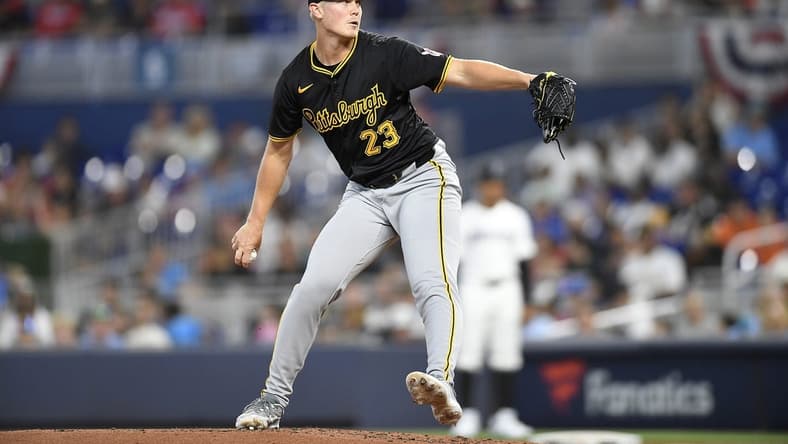 Mar 28, 2024; Miami, Florida, USA; Pittsburgh Pirates starting pitcher Mitch Keller throws a pitch during the first inning against the Miami Marlins, at loanDepot Park. Mandatory Credit: Michael Laughlin-USA TODAY Sports