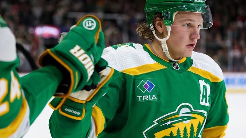 Mar 30, 2024; Saint Paul, Minnesota, USA; Minnesota Wild left wing Kirill Kaprizov (97) celebrates his power play goal against the Vegas Golden Knights during the second period at Xcel Energy Center. Mandatory Credit: Matt Krohn-USA TODAY Sports