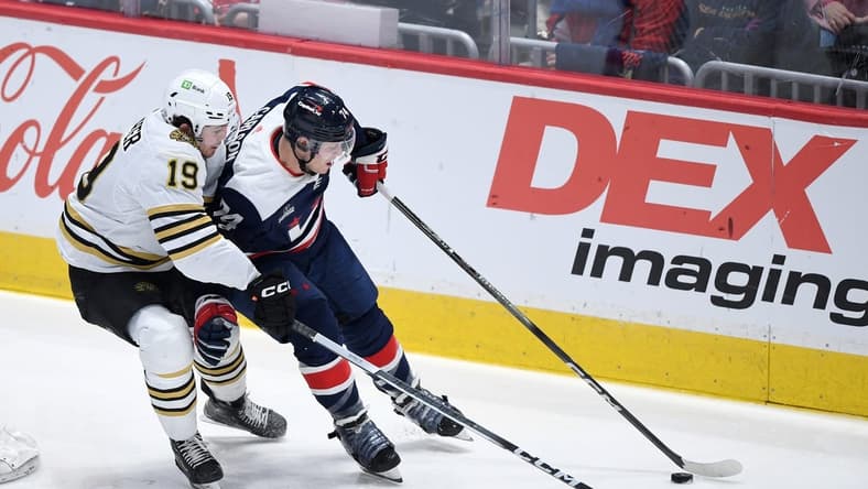 Mar 30, 2024; Washington, District of Columbia, USA; Washington Capitals defenseman John Carlson (74) controls the puck against Boston Bruins center John Beecher (19) during the third period at Capital One Arena. Mandatory Credit: Hannah Foslien-USA TODAY Sports