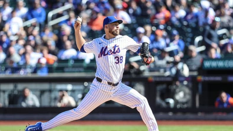 Mar 31, 2024; New York City, New York, USA; New York Mets starting pitcher Tylor Megill (38) pitches in the first inning against the Milwaukee Brewers at Citi Field. Mandatory Credit: Wendell Cruz-USA TODAY Sports
