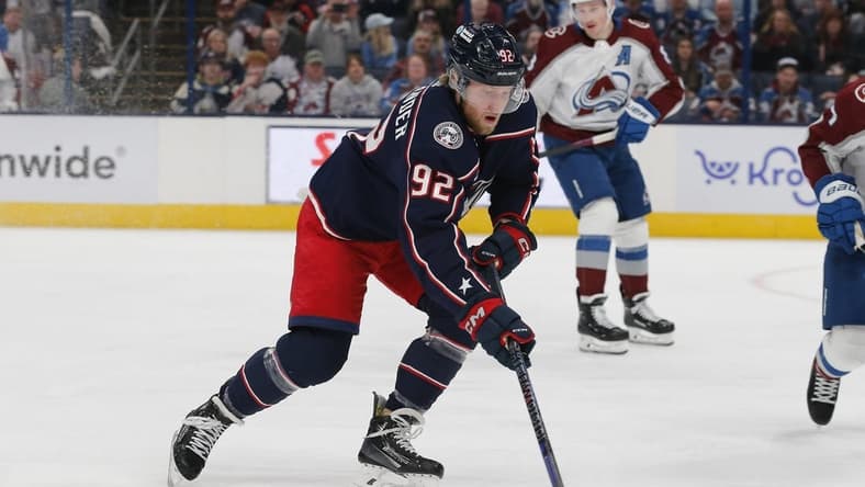 Apr 1, 2024; Columbus, Ohio, USA; Columbus Blue Jackets left wing Alexander Nylander (92) carries the puck against the Colorado Avalanche during the first period at Nationwide Arena. Mandatory Credit: Russell LaBounty-USA TODAY Sports