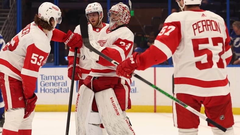 Apr 1, 2024; Tampa, Florida, USA; Detroit Red Wings goaltender Alex Lyon (34) celebrates with defenseman Moritz Seider (53), left wing David Perron (57) after they beat the Tampa Bay Lightning at Amalie Arena. Mandatory Credit: Kim Klement Neitzel-USA TODAY Sports