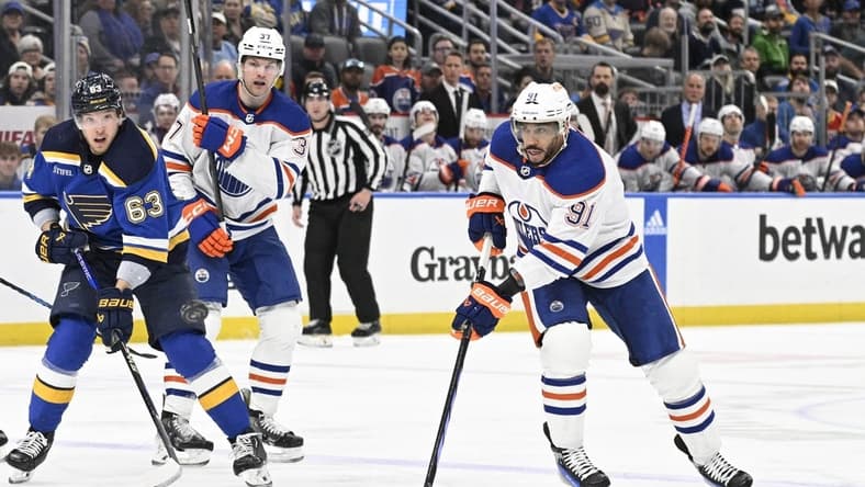 Apr 1, 2024; St. Louis, Missouri, USA; Edmonton Oilers left wing Evander Kane (91) skates against the St. Louis Blues during the first period at Enterprise Center. Mandatory Credit: Jeff Le-USA TODAY Sports