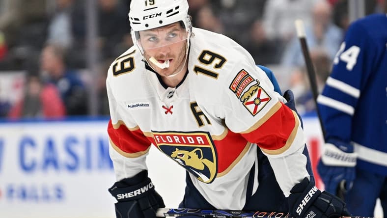 Apr 1, 2024; Toronto, Ontario, CAN; Florida Panthers forward Matthew Tkachuk (19) waits for a faceoff against the Toronto Maple Leafs in the third period at Scotiabank Arena. Mandatory Credit: Dan Hamilton-USA TODAY Sports