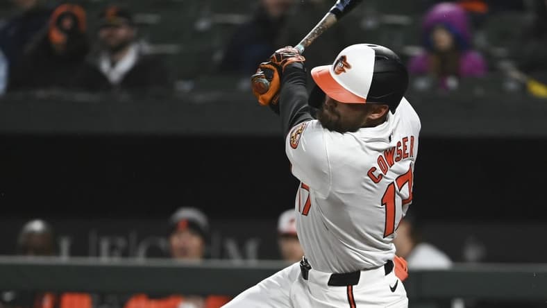 Apr 2, 2024; Baltimore, Maryland, USA; Baltimore Orioles outfielder Colton Cowser swings through a third inning rbi double against the Kansas City Royals at Oriole Park at Camden Yards. Mandatory Credit: Tommy Gilligan-USA TODAY Sports