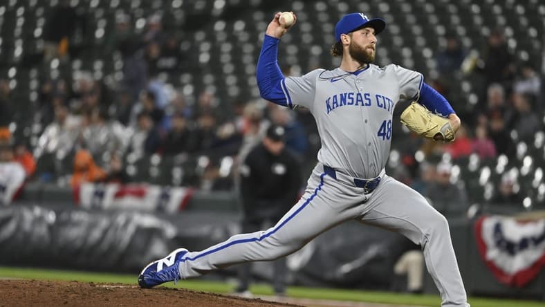 Apr 2, 2024; Baltimore, Maryland, USA; Kansas City Royals starting pitcher Alec Marsh (48) throws a third inning pitch against the Baltimore Orioles at Oriole Park at Camden Yards. Mandatory Credit: Tommy Gilligan-USA TODAY Sports