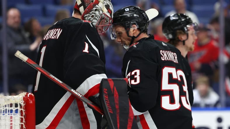Apr 2, 2024; Buffalo, New York, USA; Buffalo Sabres goaltender Ukko-Pekka Luukkonen (1) and left wing Jeff Skinner (53) celebrate a win over the Washington Capitals at KeyBank Center. Mandatory Credit: Timothy T. Ludwig-USA TODAY Sports