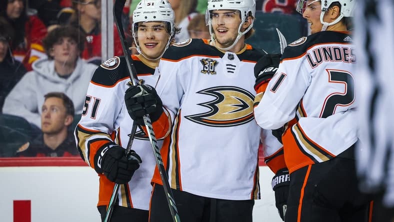 Apr 2, 2024; Calgary, Alberta, CAN; Anaheim Ducks right wing Troy Terry (19) celebrates his goal with teammates against the Calgary Flames during the second period at Scotiabank Saddledome. Mandatory Credit: Sergei Belski-USA TODAY Sports