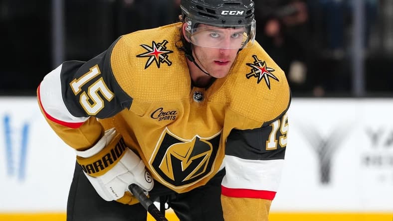 Apr 2, 2024; Las Vegas, Nevada, USA; Vegas Golden Knights defenseman Noah Hanifin (15) awaits a face off against the Vancouver Canucks during the second period at T-Mobile Arena. Mandatory Credit: Stephen R. Sylvanie-USA TODAY Sports