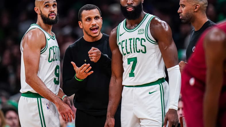 Boston Celtics players Jaylen Brown and Derrick white
