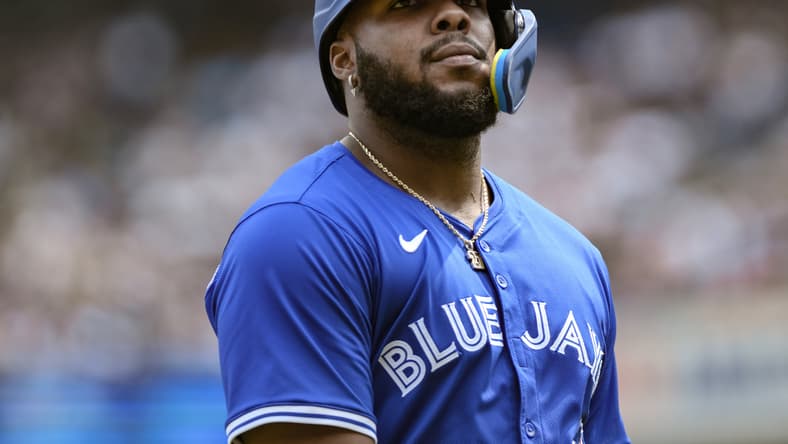 MLB: Vladimir Guerrero Jr. , Toronto Blue Jays, looks on after at-bat vs. New York Yankees