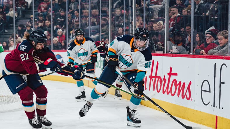 New York Sirens No. 1 overall pick Kristyna Kaltounkova carries the puck against the Montreal Victoire.