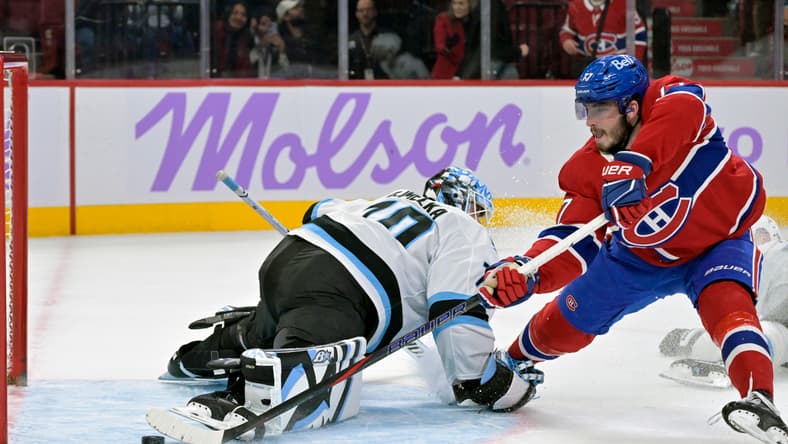 NHL: Utah Mammoth at Montreal Canadiens, kirby dach goal