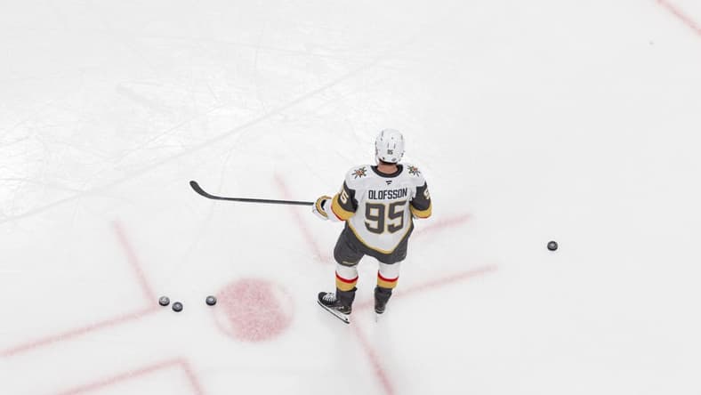 COLUMBUS, OH - MARCH 13: Vegas Golden Knights right wing Victor Olofsson (95) is on the ice before the game between the Vegas Golden Knights and the Columbus Blue Jackets on March 13th, 2025 at Nationwide Arena in Columbus, OH. (Photo by Michael Brown/Icon Sportswire)