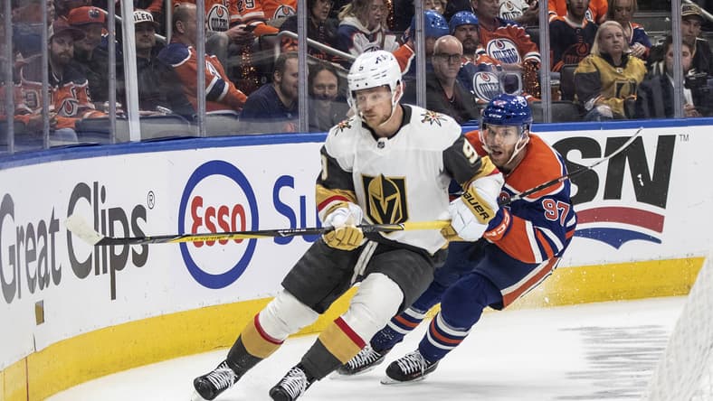 Vegas Golden Knights Jack Eichel (9) is chased by Edmonton Oilers' Connor McDavid (97) during the first period of Game 4 of an NHL hockey second-round playoff series Wednesday, May 10, 2023, in Edmonton, Alberta. (Jason Franson/The Canadian Press via AP)