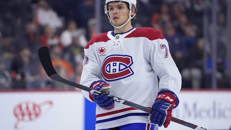 Montreal Canadiens' Jake Evans plays during an NHL hockey game, Sunday, Oct. 27, 2024, in Philadelphia. (AP Photo/Matt Slocum)