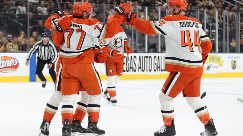 Frank Vatrano celebrates after scoring against the Vegas Golden Knights 11/8/2025 (Photo/Screenshot- Anaheim Ducks via Twitter)