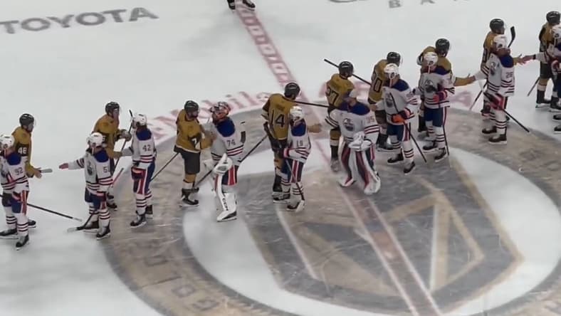 The Vegas Golden Knights shake hands with the Edmonton Oilers following their elimination in Game 5 5/14/2025 (Photo/Screenshot- Vince Sapienza via Twitter)