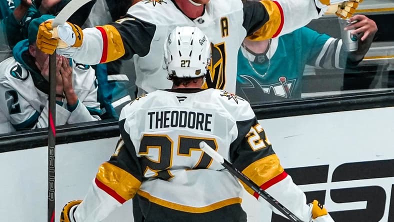 Jack Eichel and Shea Theodore celebrate a wild Vegas Golden Knights tying goal (Photo/Screenshot- NHL via Twitter)